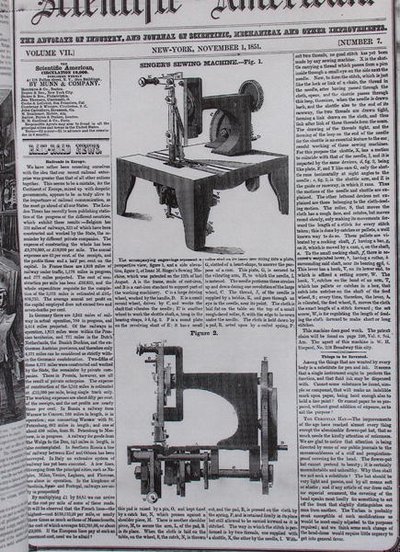 The original model of the sewing machine by Isaac Merrit Singer (1811-75) from The Scientific American, 1st November 1851 by American School